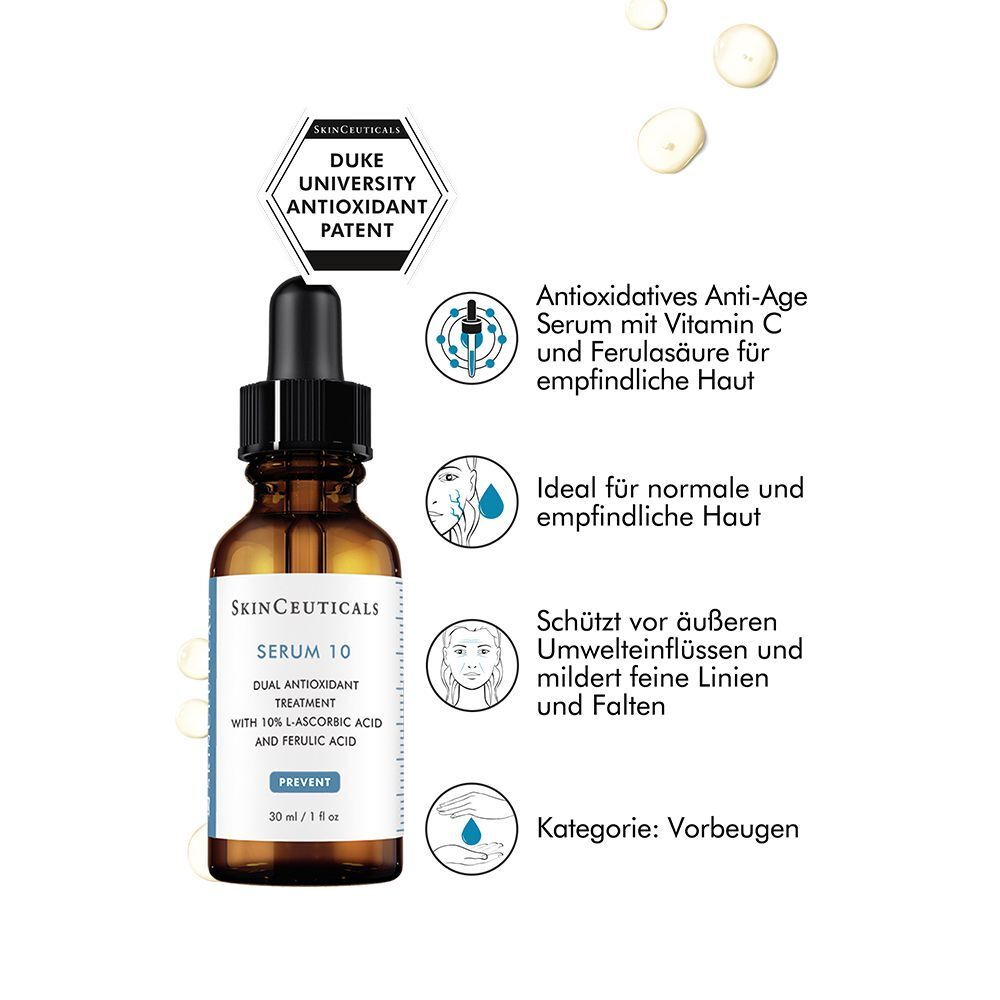 SkinCeuticals Serum 10 Flasche mit Informationen. Text: Antioxidatives Anti-Age Serum. Ideal für empfindliche Haut.