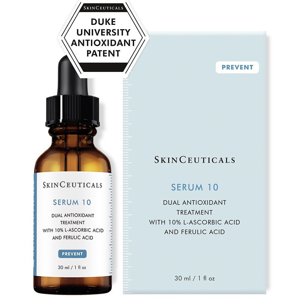 SkinCeuticals Serum 10 Flasche und Verpackung. Text: Serum 10, Dual Antioxidant Treatment. Duke University Antioxidant Patent.