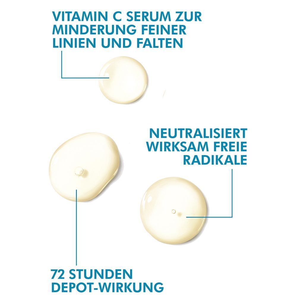 Serum-Tropfen. Text: Vitamin C Serum zur Minderung feiner Linien und Falten. Neutralisiert freie Radikale.