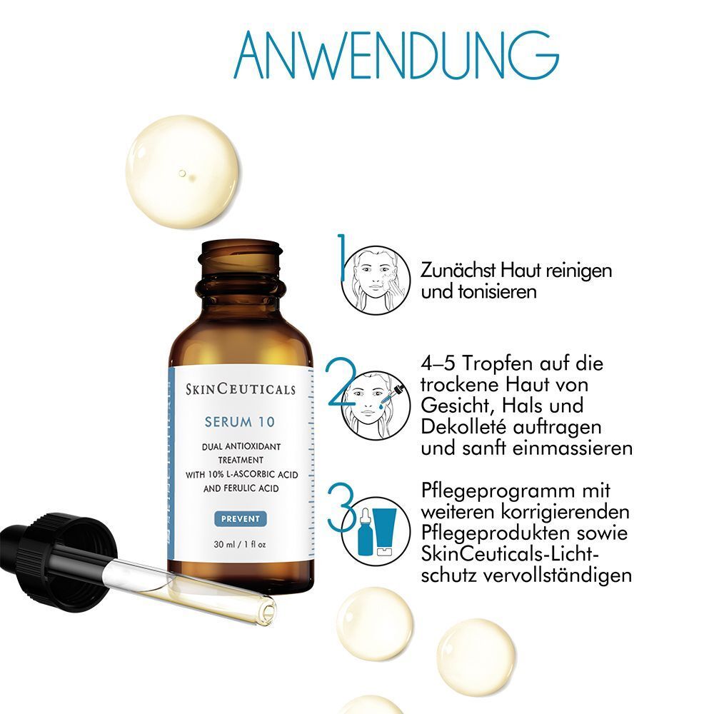 Anwendung von Serum 10. Flasche mit Pipette und Tropfen. Text: Zuerst Haut reinigen und tonisieren.
