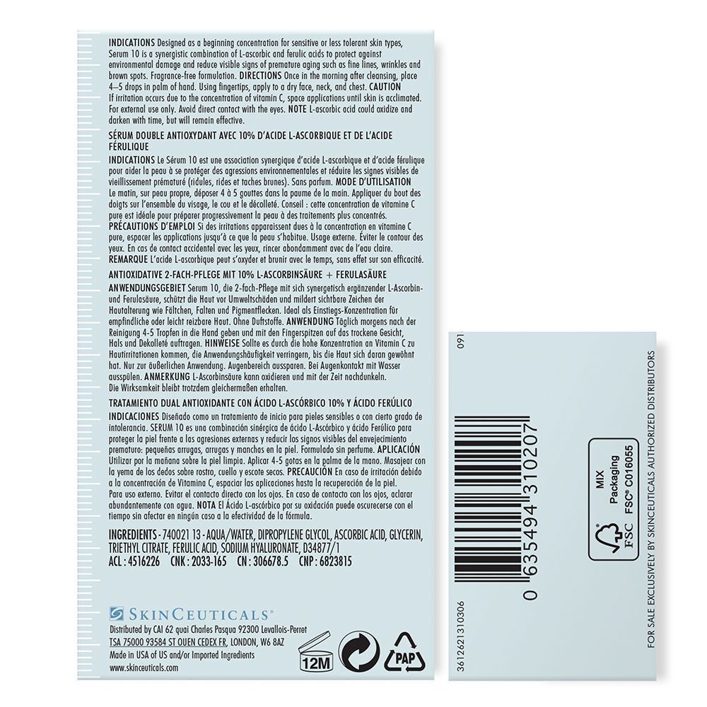 Produktinformationen von Serum 10. Text: Serum 10 ist eine synergistische Kombination von L-Ascorbinsäure und Ferulasäure.