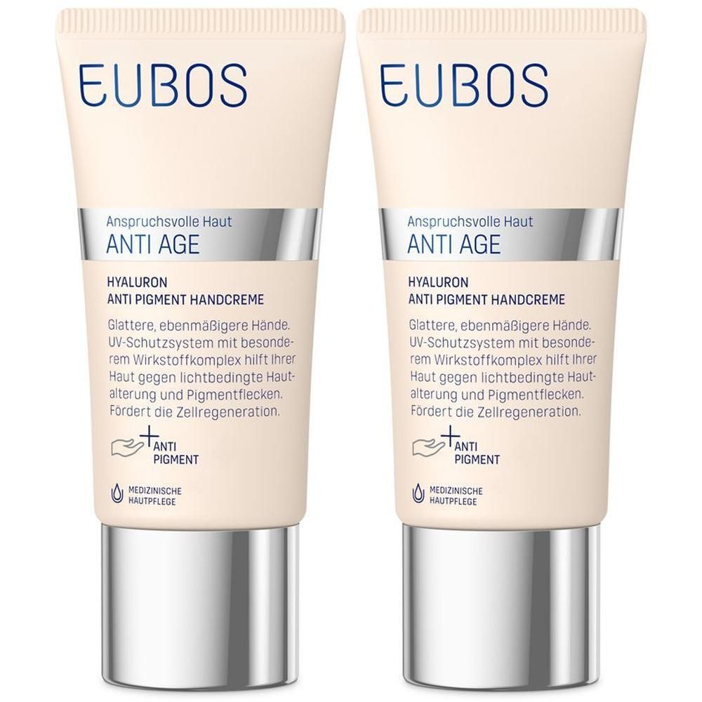 Zwei Tuben EUBOS Handcreme. Beige Tuben mit silbernen Verschlüssen. Schriftzug: ANTI AGE, HYALURON, ANTI PIGMENT HANDCREME.
