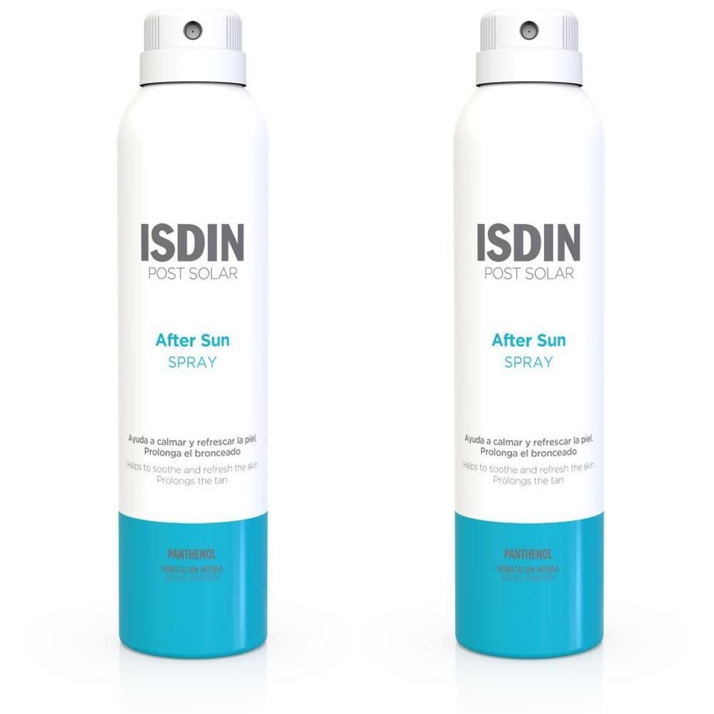 Zwei weiße Sprühflaschen mit blauem Boden. Aufschrift: ISDIN POST SOLAR After Sun SPRAY.
