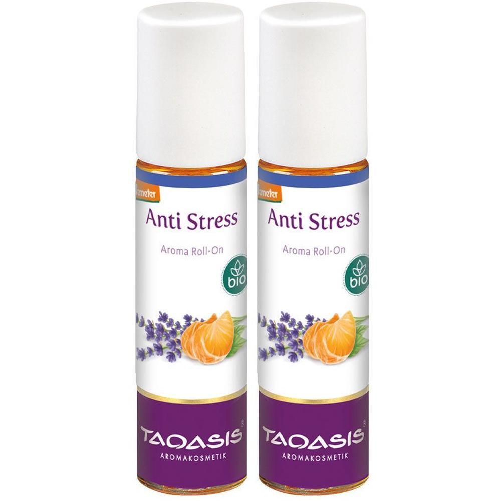 Zwei Roll-ons mit weißem Deckel. Aufschrift: Anti Stress, Aroma Roll-On, Bio-Siegel. Marke: TAOASIS Aromakosmetik. Abbildung: Mandarine und Lavendel.
