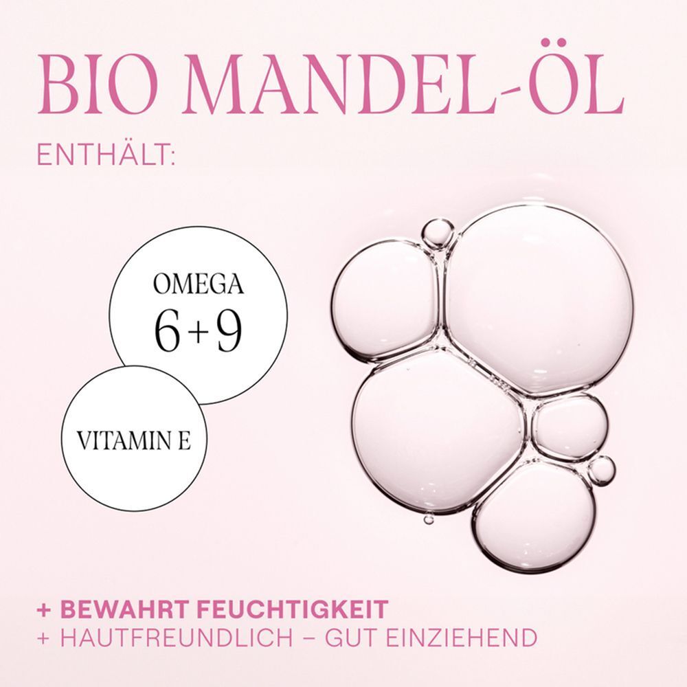 Grafik: Bio Mandel-Öl. Abbildung von Öl-Blasen. Text: Omega 6+9, Vitamin E. Bewahrt Feuchtigkeit.