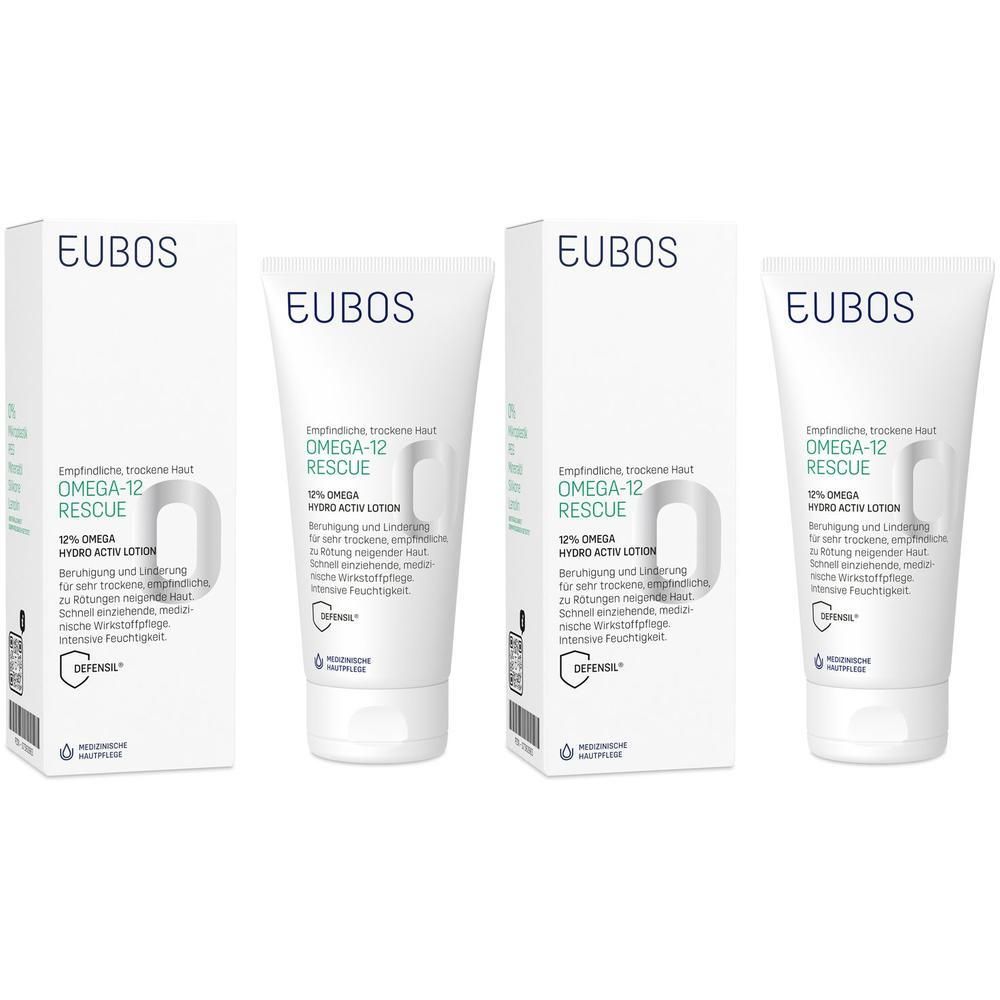 Mehrere Tuben und Verpackungen von EUBOS Omega-12 Rescue Lotion. Weiße Tuben mit grüner Schrift. Kartons mit Produktinformationen.