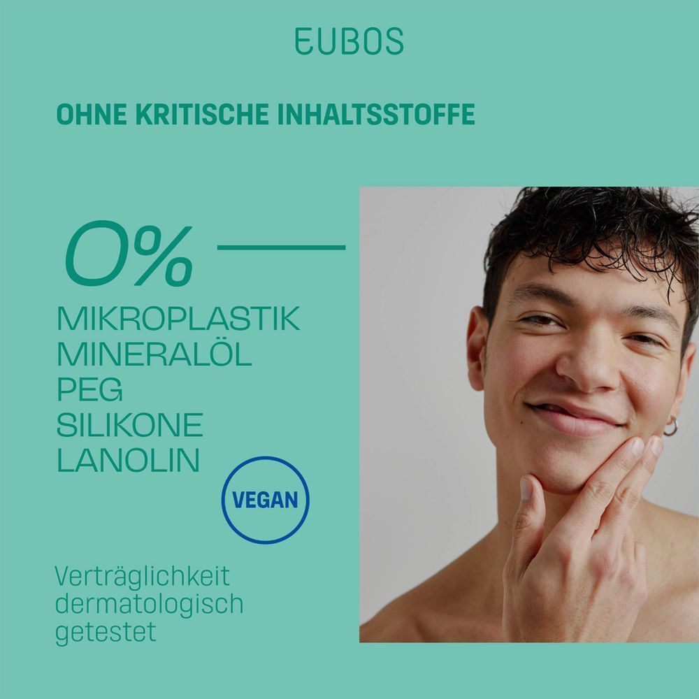 Mann berührt Gesicht. Text: 0% Mikroplastik, Mineralöl, PEG, Silikone, Lanolin. Vegan-Siegel. Dermatologisch getestet.