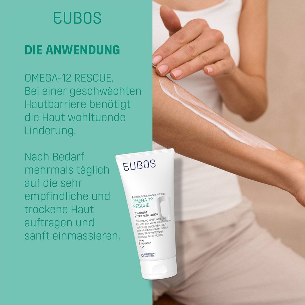 Person trägt Creme auf Arm auf. Text: Anwendung: Omega-12 Rescue. Für empfindliche, trockene Haut. Sanft einmassieren.