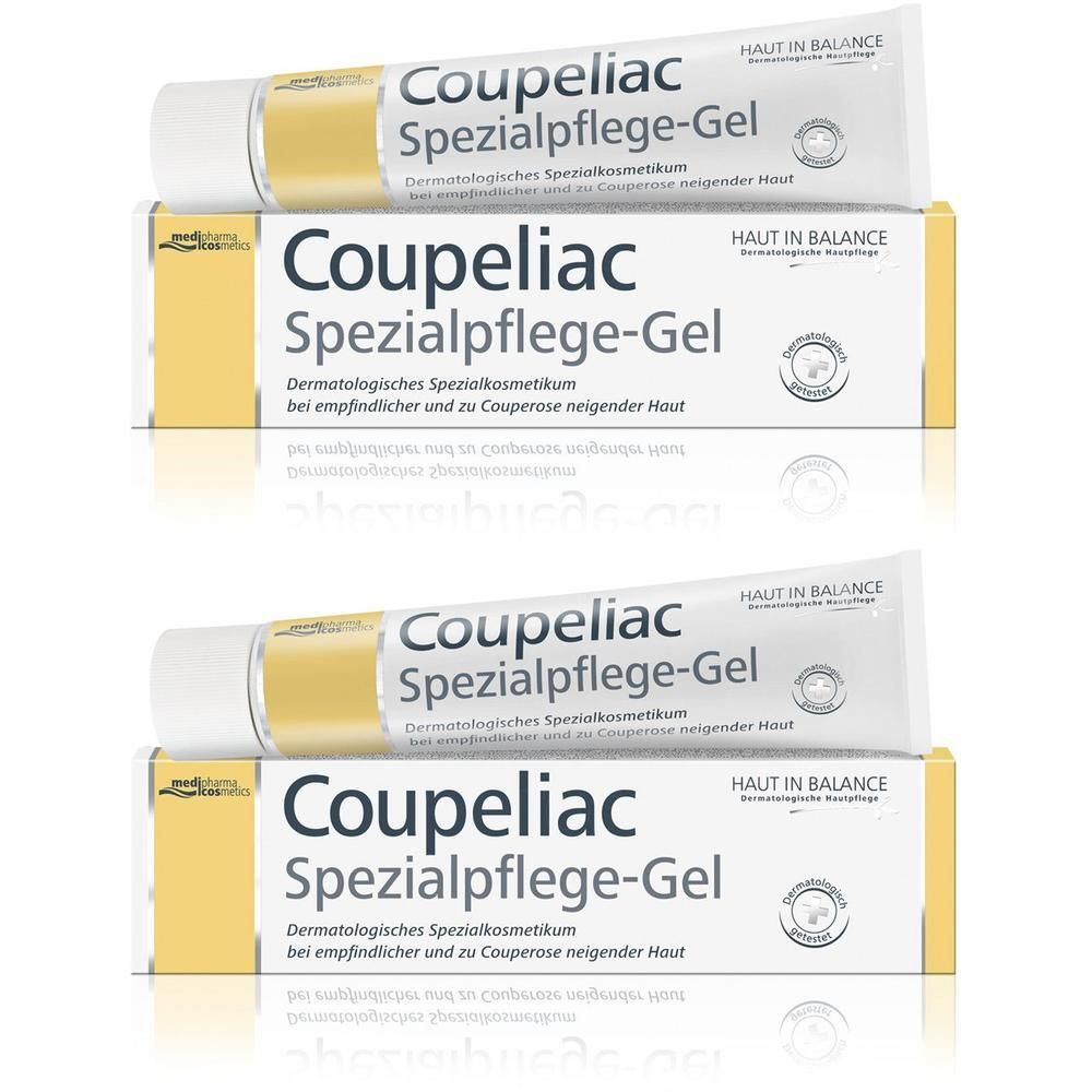 Zwei Tuben und Schachteln Coupeliac Spezialpflege-Gel. Aufschrift: HAUT IN BALANCE. Dermatologisches Spezialkosmetikum für empfindliche Haut.