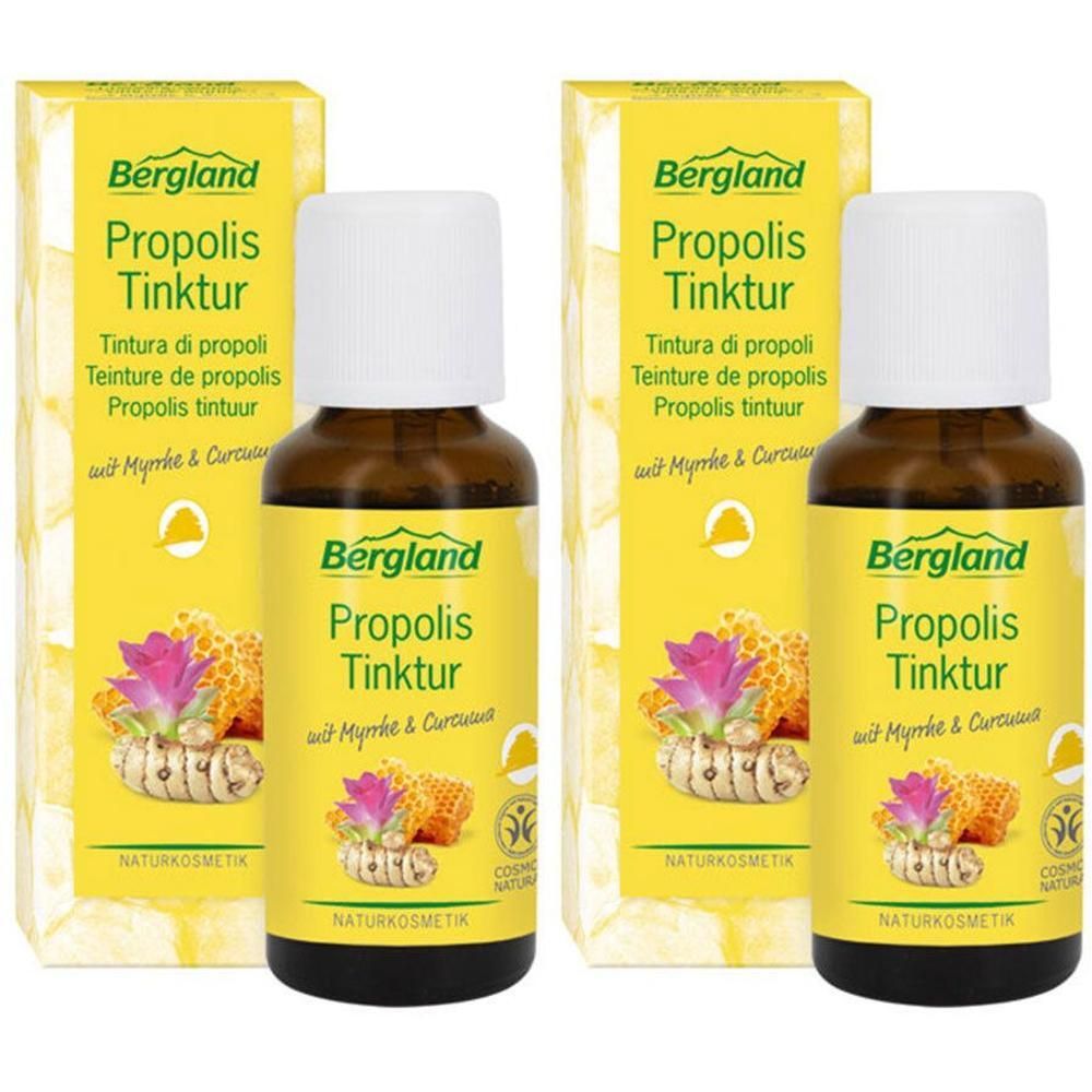 Zwei Flaschen mit weißem Verschluss und gelbem Etikett. Aufschrift: Bergland Propolis Tinktur. Mit Umverpackung.