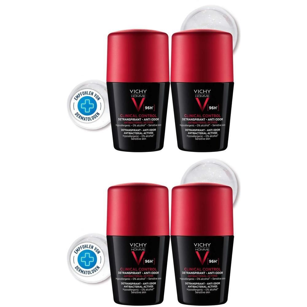 Vier Roll-on-Deodorants mit rotem Deckel und schwarzem Korpus. Aufschrift: VICHY HOMME. Mit Dermatologen empfohlen-Siegel.