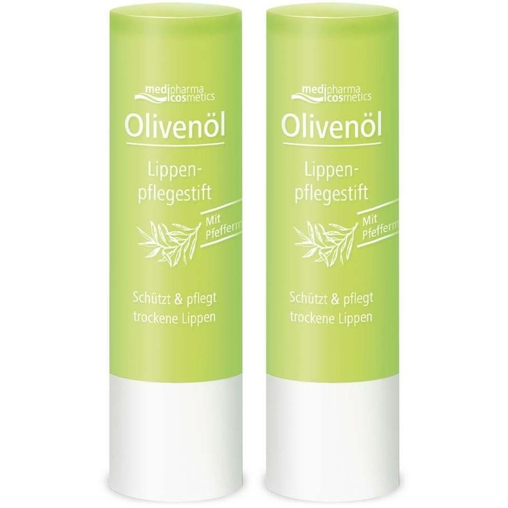 Zwei Lippenpflegestifte, grün-weiß, mit Text und Logo. Aufschrift: Olivenöl Lippenpflegestift. Mit Pfefferminze. Schützt & pflegt trockene Lippen.