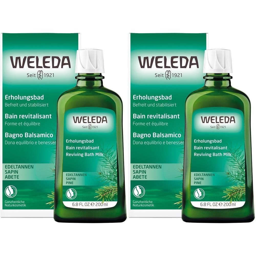 Zwei grüne Flaschen WELEDA Edeltannen Erholungsbad mit Verpackung. Flaschen mit weißem Verschluss, grüne Verpackung mit Logo.
