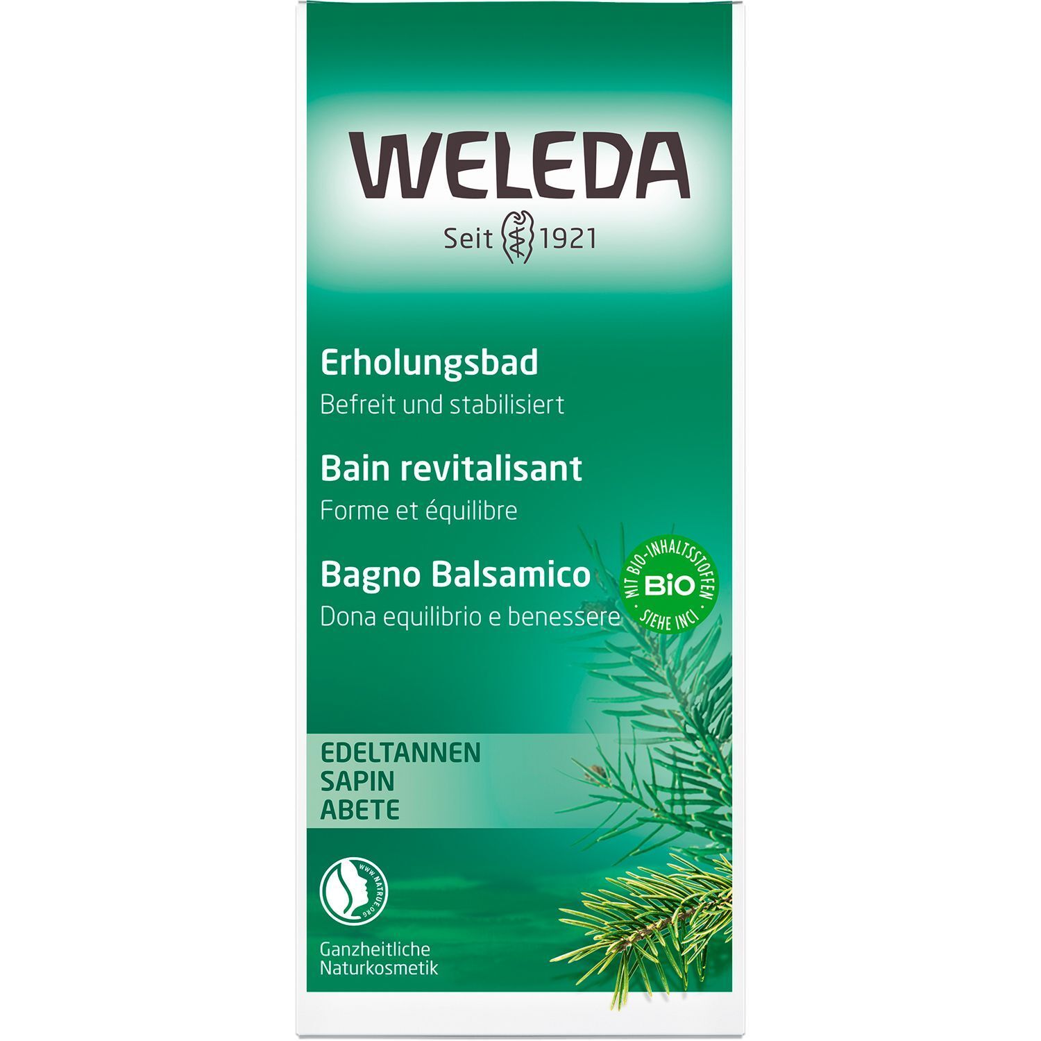 Verpackung WELEDA Edeltannen Erholungsbad. Grüner Karton mit Produktnamen, Logo und Bio-Siegel. Text in mehreren Sprachen.