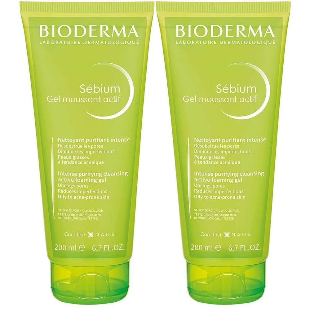 Zwei grüne Tuben BIODERMA Sebium Gel moussant actif. Text: Reinigungsgel, 200 ml, 6.7 FL.OZ. Aufschrift: Laboratoire Dermatologique.