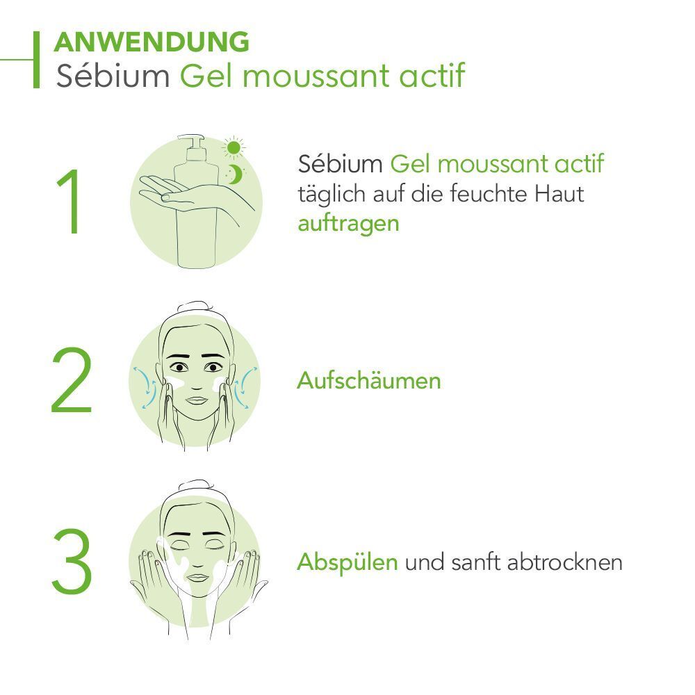 Anwendung: Sebium Gel moussant actif. 3 Schritte: Auftragen, aufschäumen, abspülen und abtrocknen. Illustrationen zeigen die Anwendung.