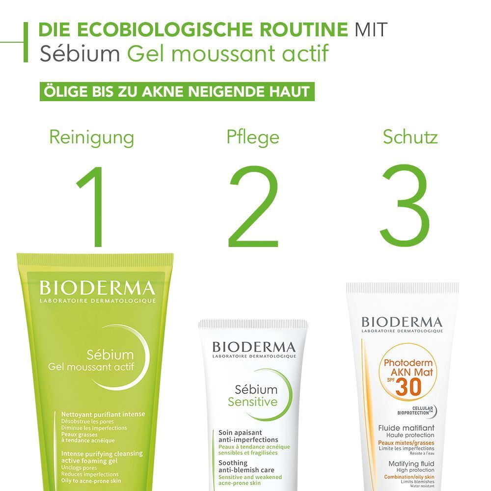 Die ecobiologische Routine mit Sebium Gel moussant actif. Produkte für ölige bis zu Akne neigende Haut: Reinigung, Pflege, Schutz.