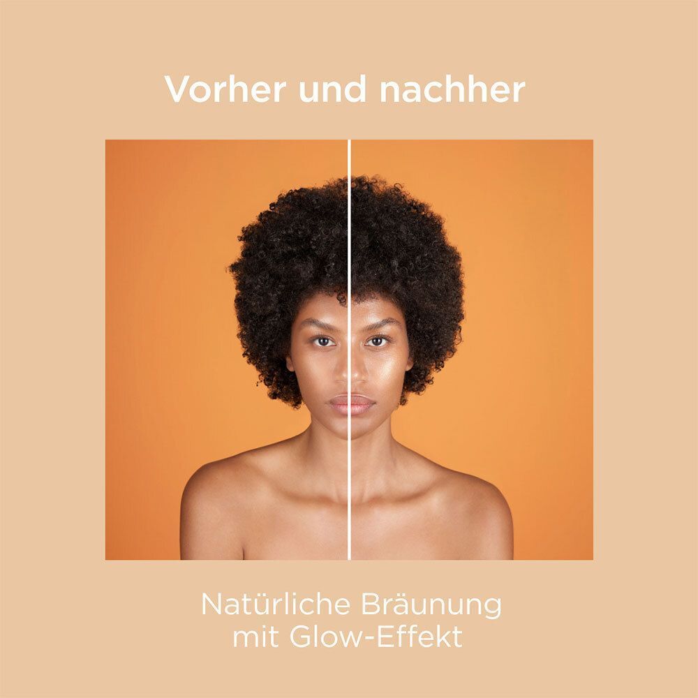 Vorher-Nachher-Bild. Eine Frau mit und ohne aufgetragene Sonnencreme. Text: Natürliche Bräunung mit Glow-Effekt.