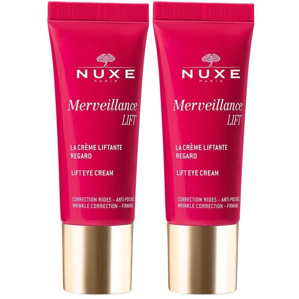Zwei Tuben NUXE Merveillance Lift Lifting-Augencreme. Rosa Tuben mit goldenen Kappen. Text: Merveillance Lift, Lift Eye Cream.