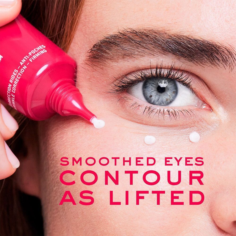 Nahaufnahme eines Auges. Eine Tube gibt Creme ab. Text: Smoothed Eyes, Contour as Lifted.