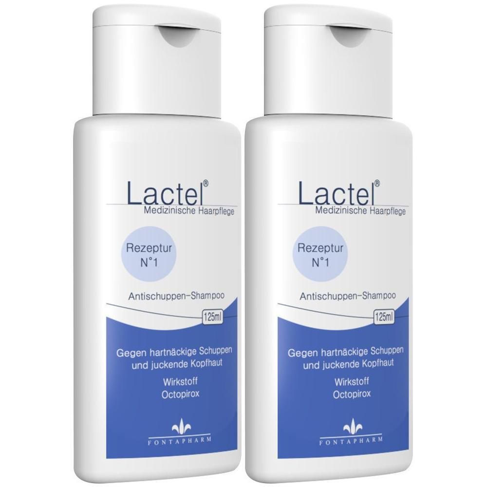 Zwei weiße Flaschen LACTEL Nr.1 Schuppen Shampoo. Aufschrift: Rezeptur N°1, Antischuppen-Shampoo, 125ml. Blaue und weiße Etiketten mit Text.