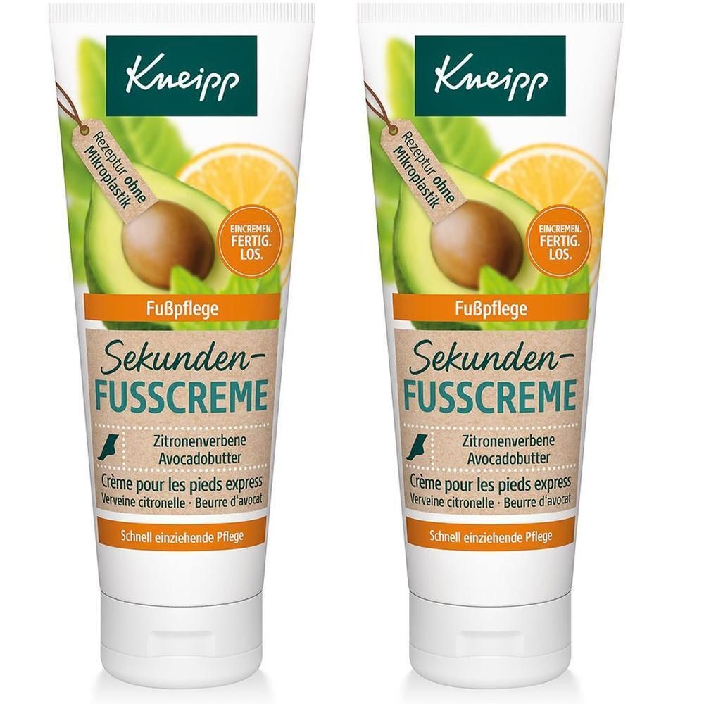 Zwei Tuben Sekunden-Fußcreme. Weiße Tuben mit grünen und orangenen Elementen. Aufschrift: Sekunden-Fußcreme, Zitrone, Avocado.