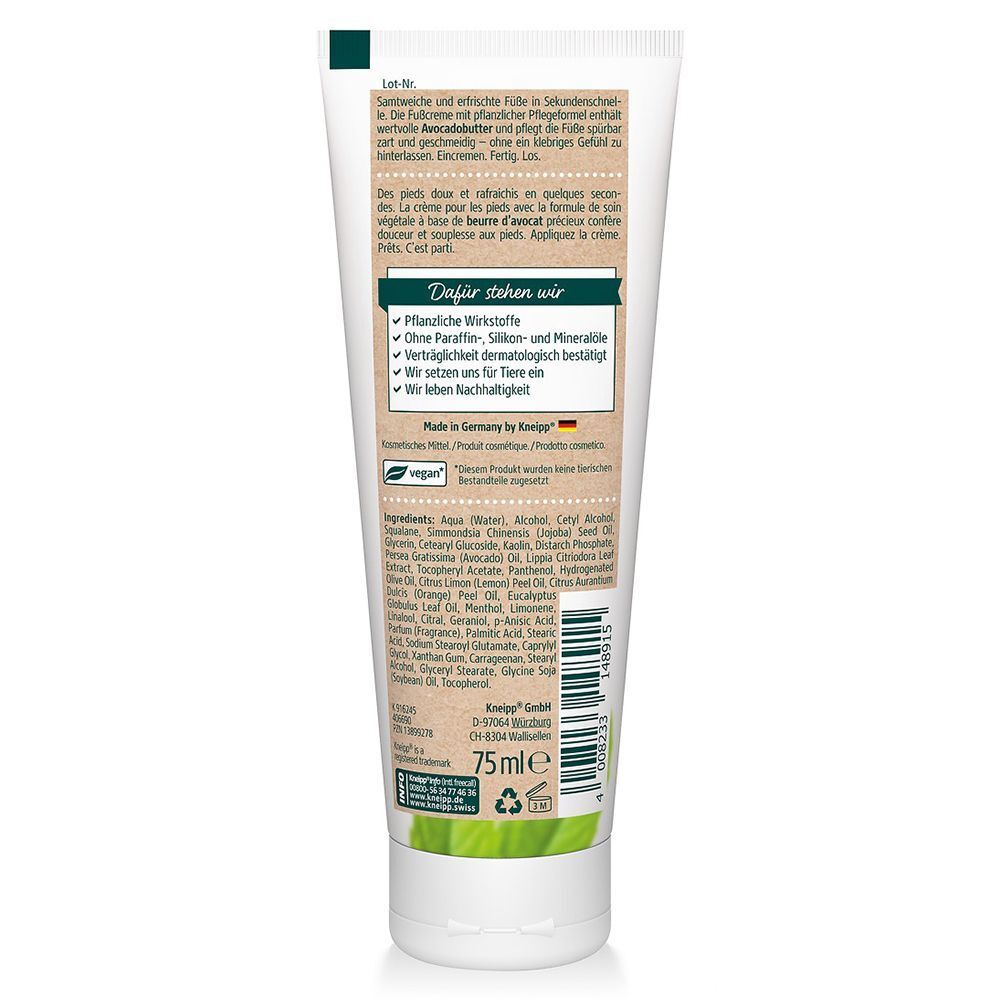 Rückseite einer Tube Sekunden-Fußcreme. Text in Deutsch, Französisch und Englisch. Enthält Informationen zu Inhaltsstoffen und Zertifizierungen.
