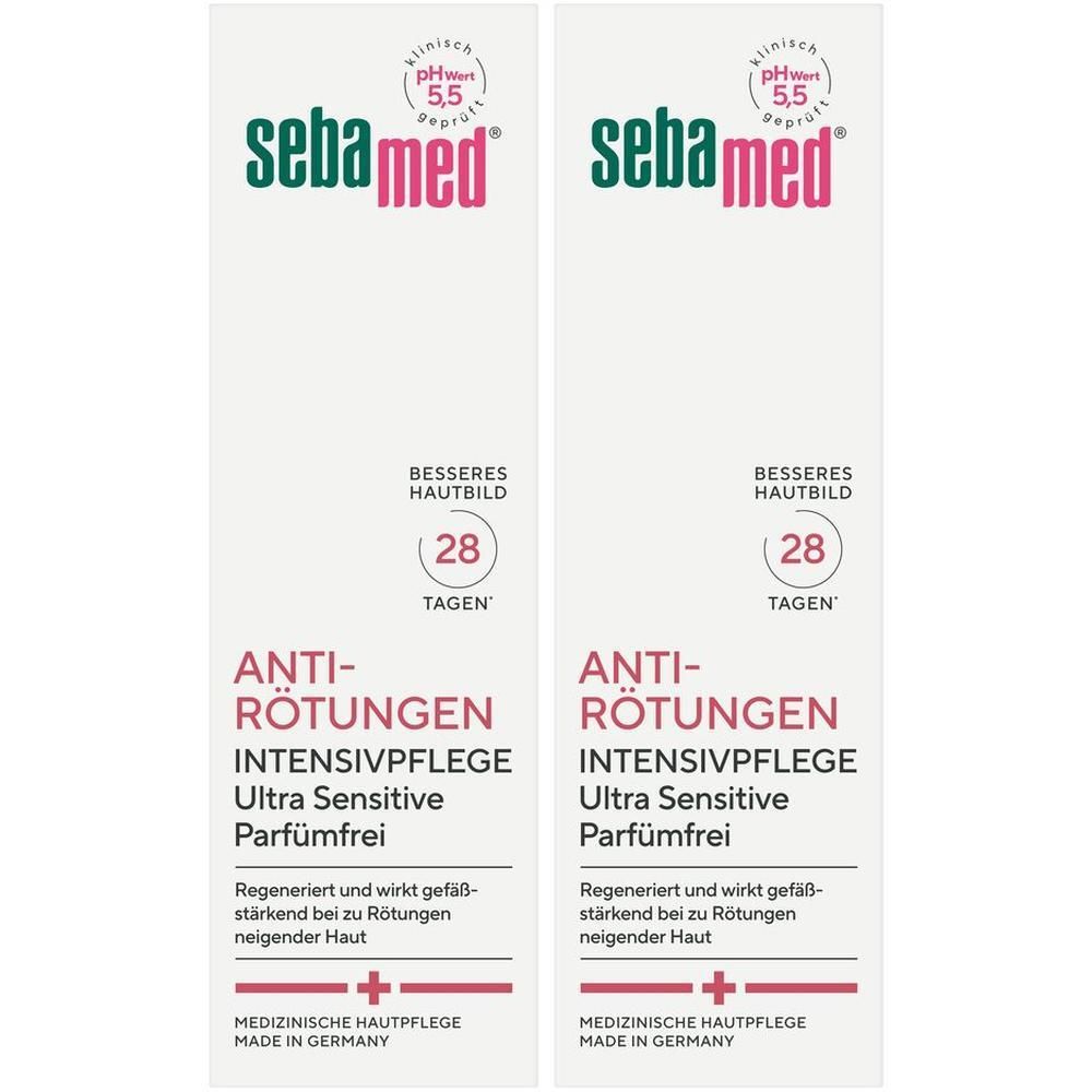 Zwei Tuben sebamed® Anti-Rötungen. Weiß, mit grüner und roter Schrift. Klinisch getestet. pH-Wert 5,5. Text: Intensivpflege, Ultra Sensitive, Parfümfrei.