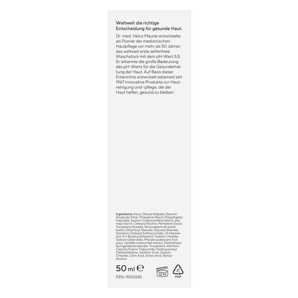 Weiße Tube mit Text. Enthält Informationen über die Marke und Inhaltsstoffe. Unten: 50 ml. PZN-Nummer. Recycling-Symbol.