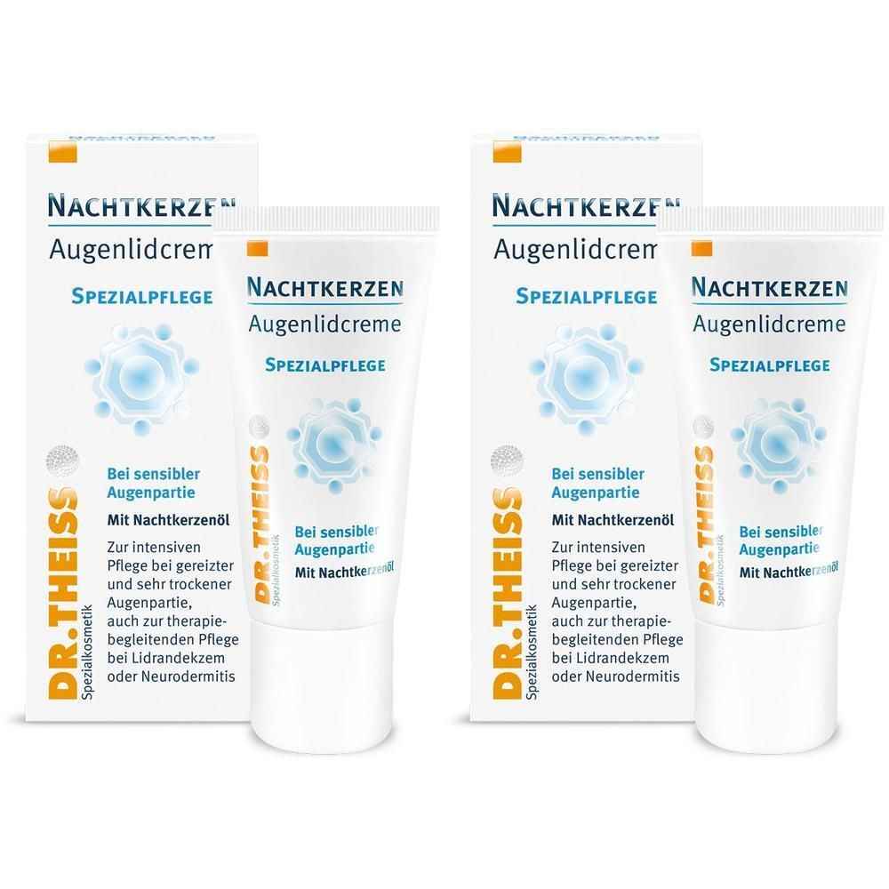 Zwei Tuben und Verpackungen von Nachtkerzen Augenlidcreme. Aufschrift: Dr. Theiss, Spezialpflege.