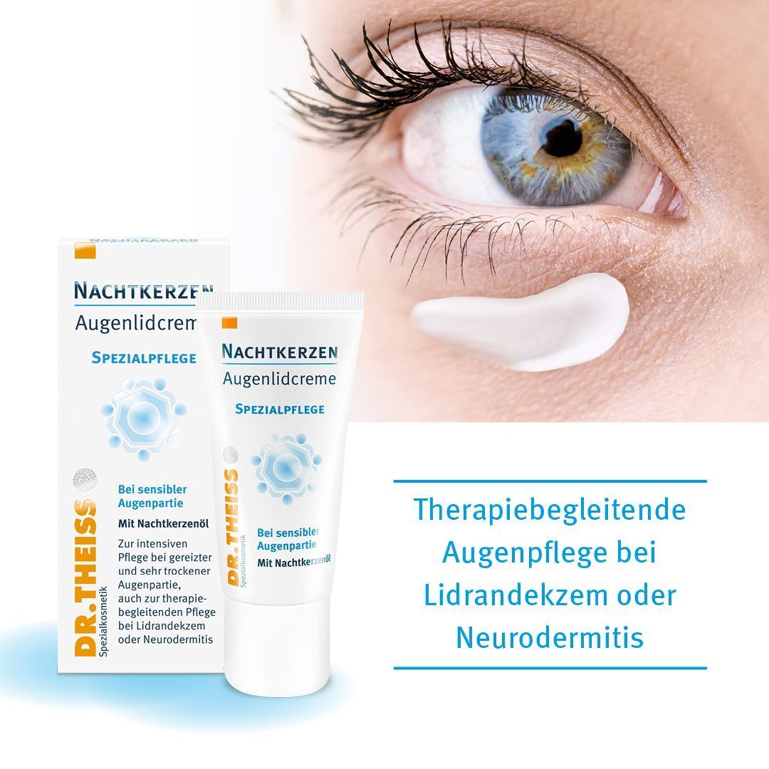 Auge mit Creme aufgetragen. Verpackung und Tube Nachtkerzen Augenlidcreme. Text: Dr. Theiss, Spezialpflege.