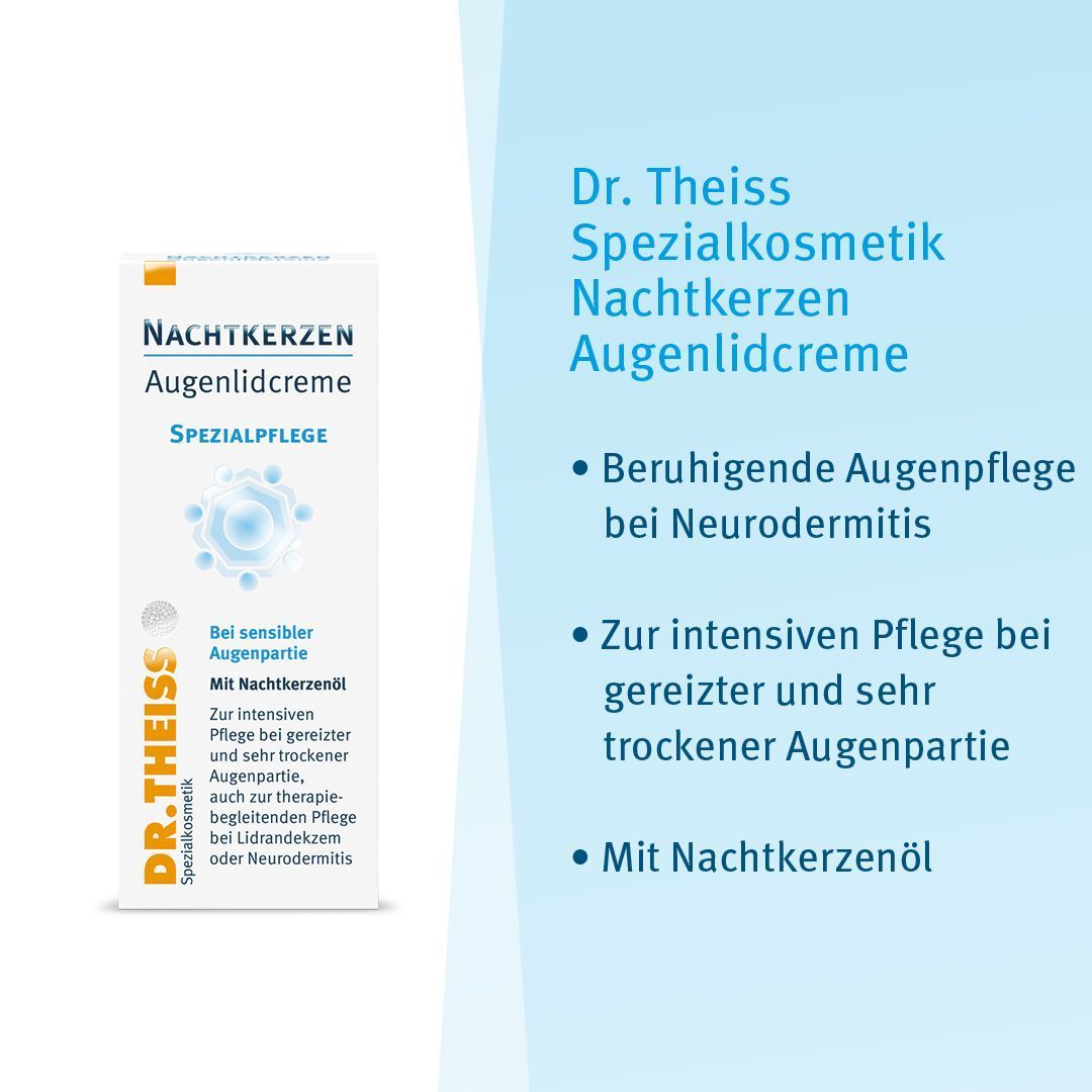 Verpackung Nachtkerzen Augenlidcreme. Text: Dr. Theiss, Spezialpflege. Aufzählung: Beruhigende Augenpflege.