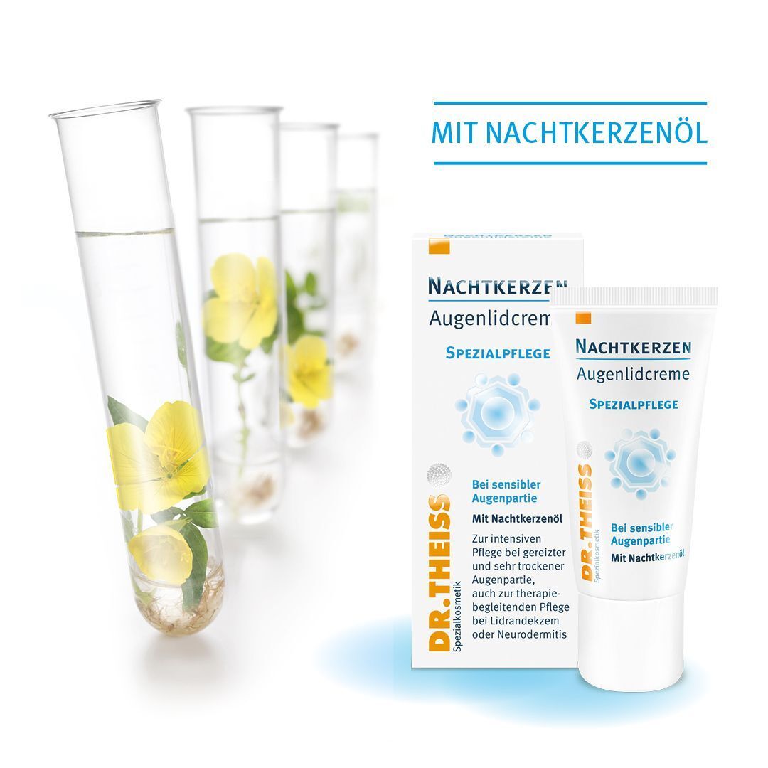 Reagenzgläser mit Blüten und Verpackung/Tube Nachtkerzen Augenlidcreme. Text: Dr. Theiss, Spezialpflege.