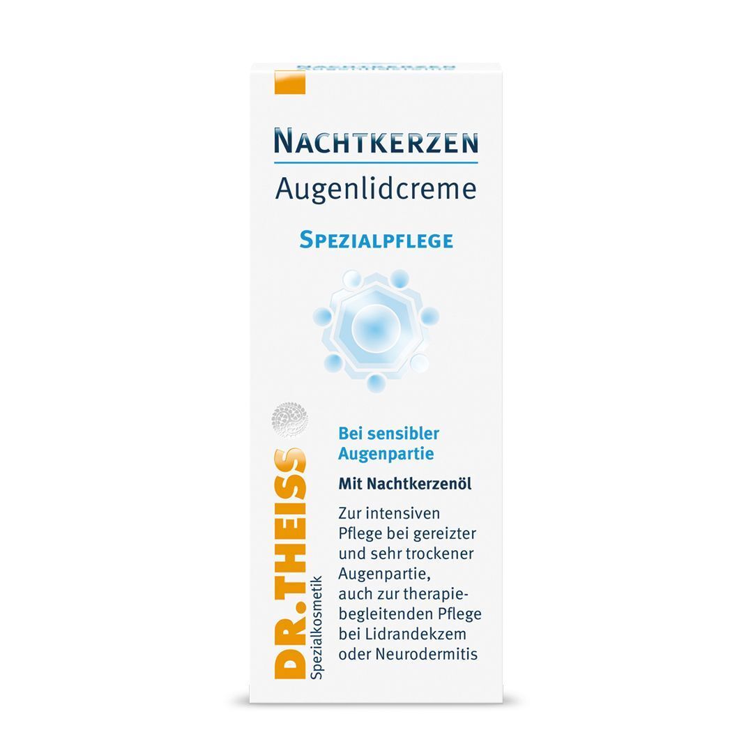 Verpackung Nachtkerzen Augenlidcreme. Text: Dr. Theiss, Spezialpflege. Bei sensibler Augenpartie.