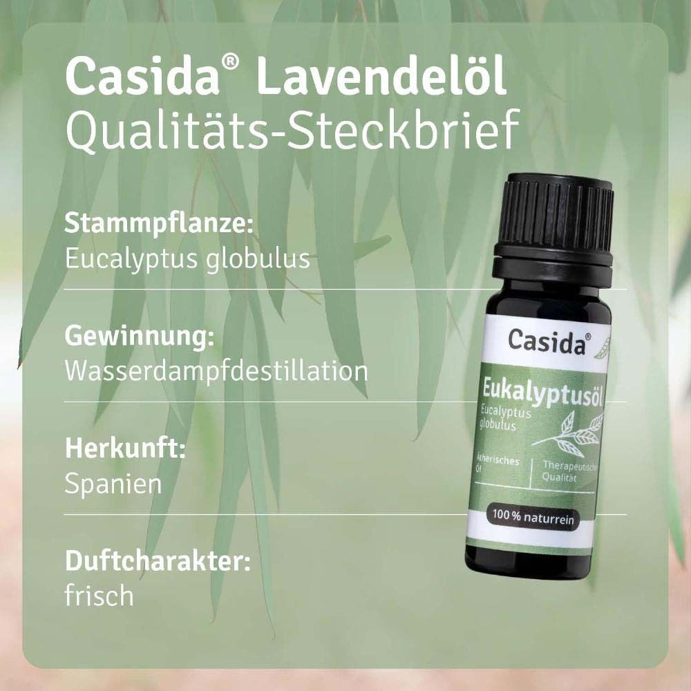 Casida Eukalyptusöl Flasche. Etikett mit Produktinformationen. Hintergrund mit grünen Blättern. Herkunft: Spanien.