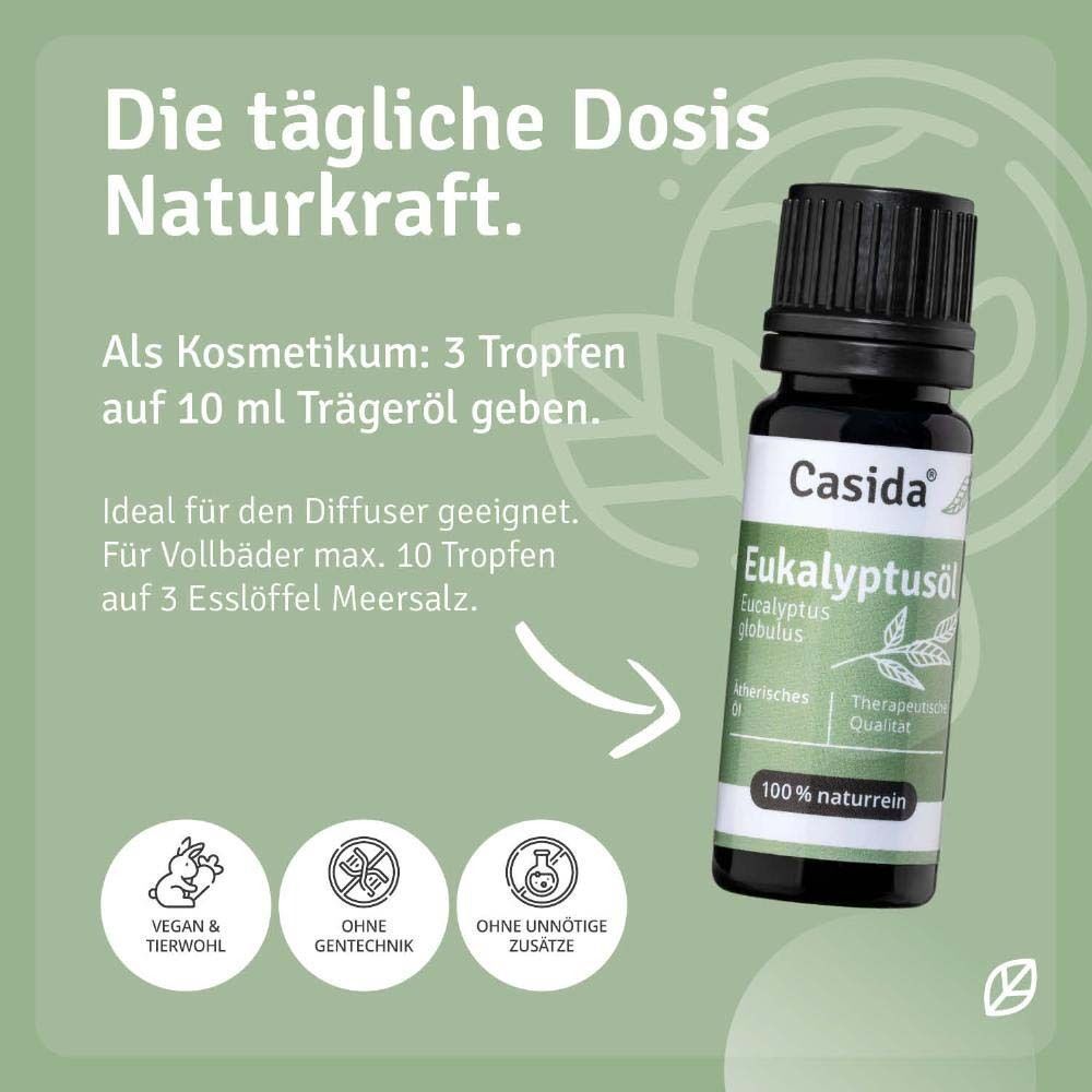 Casida Eukalyptusöl Flasche. Anwendungsbeispiele: 3 Tropfen auf 10 ml Trägeröl. Vegan & tierversuchsfrei.