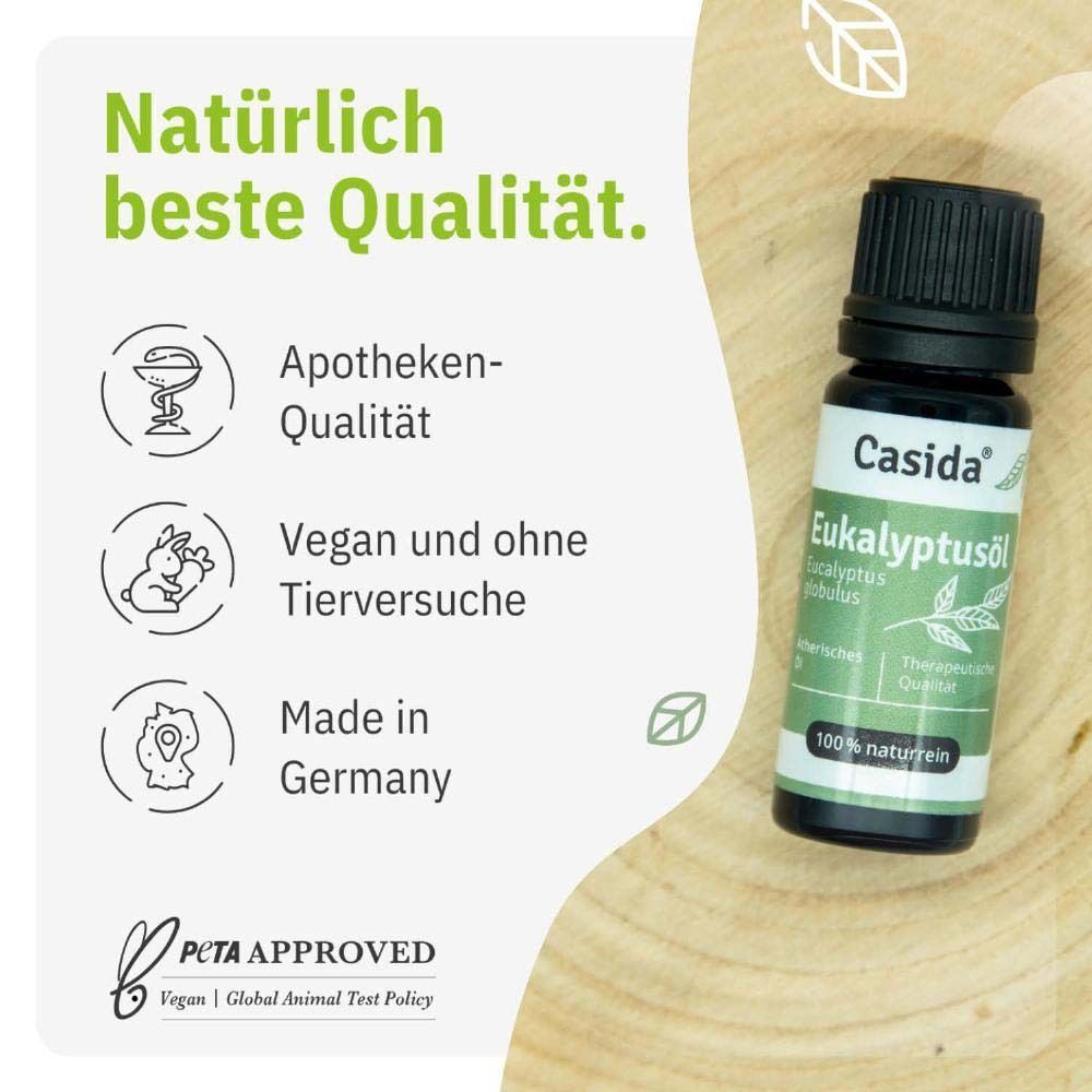 Casida Eukalyptusöl Flasche auf Holz. Apotheken-Qualität. Vegan und ohne Tierversuche. Made in Germany.