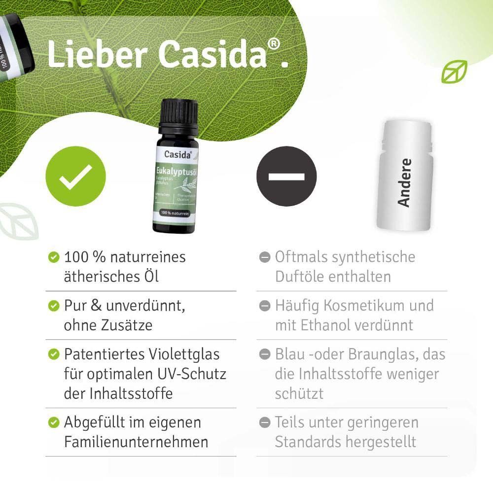 Casida Eukalyptusöl Flasche. Vorteile: 100% naturreines ätherisches Öl, pur & unverdünnt, UV-Schutz durch Violettglas.