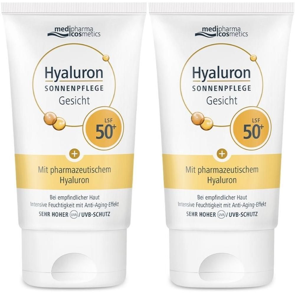 Zwei Tuben HYALURON SONNENPFLEGE Gesicht Creme LSF 50+. Weiße Tuben mit gelben und braunen Akzenten. Text: Hyaluron, LSF 50+.