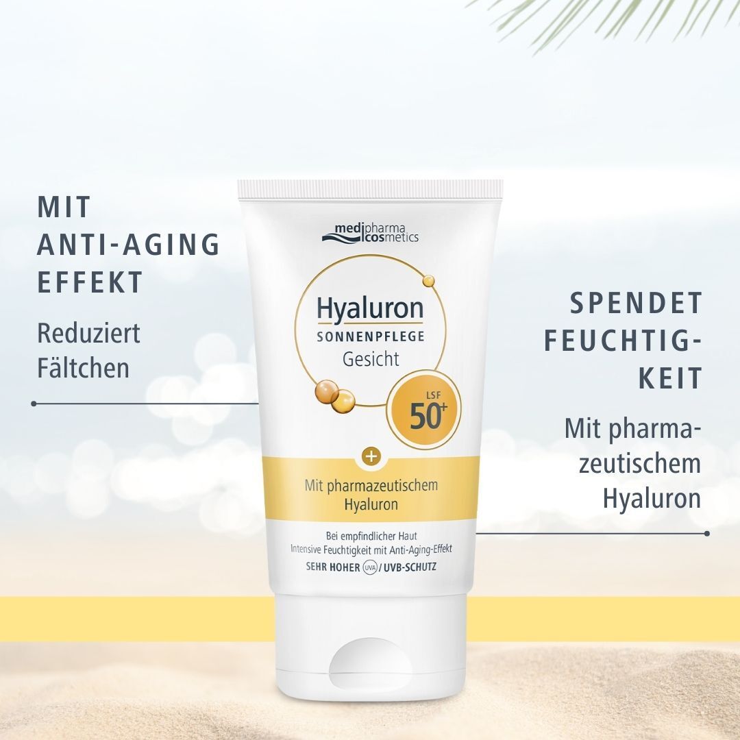 Tube HYALURON SONNENPFLEGE Gesicht Creme LSF 50+. Weiße Tube mit gelben und braunen Akzenten. Text: Anti-Aging-Effekt, spendet Feuchtigkeit.