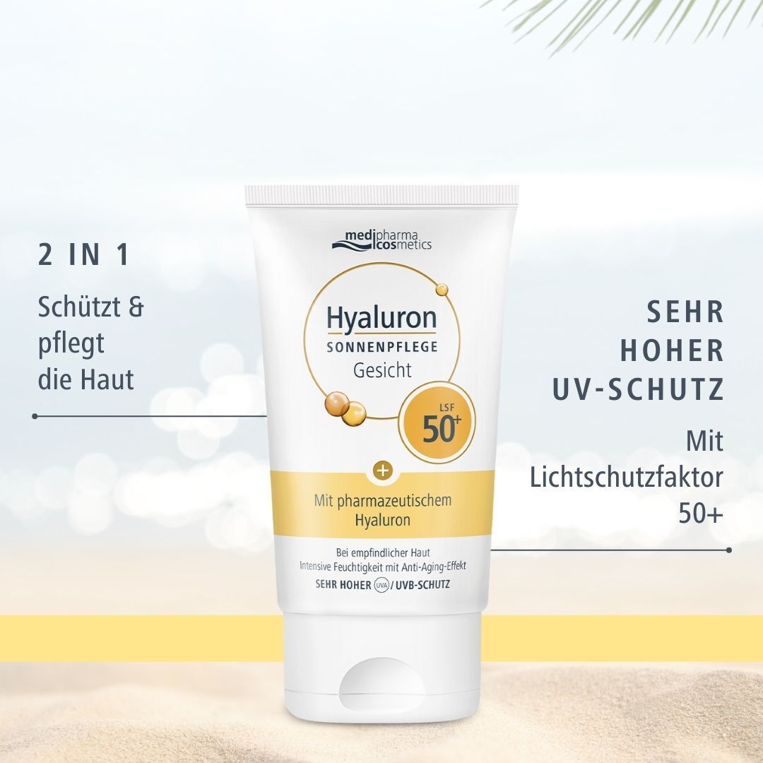 Tube HYALURON SONNENPFLEGE Gesicht Creme LSF 50+. Weiße Tube mit gelben und braunen Akzenten. Text: 2 in 1, sehr hoher UV-Schutz.