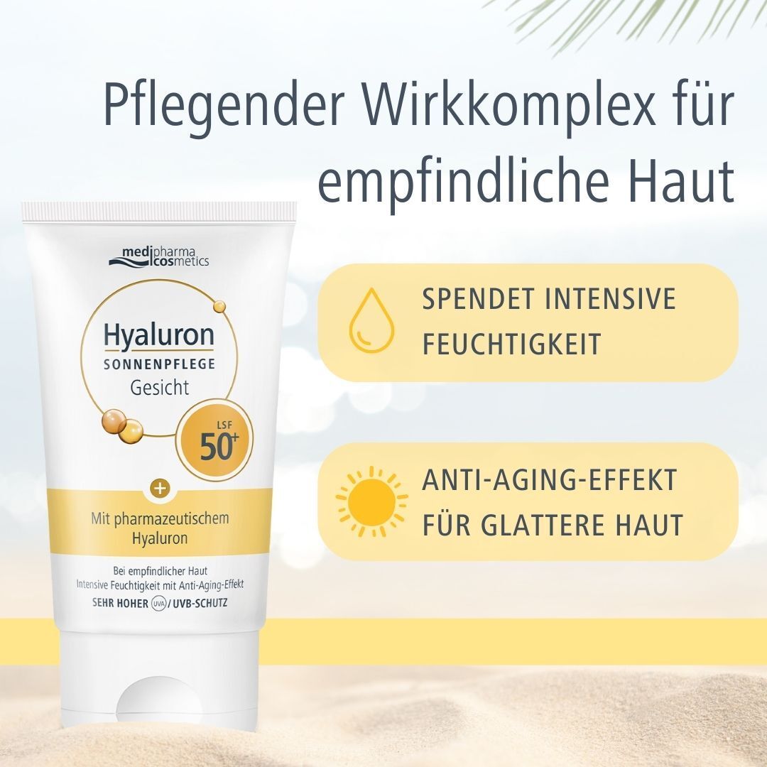 Tube HYALURON SONNENPFLEGE Gesicht Creme LSF 50+. Weiße Tube mit gelben und braunen Akzenten. Text: Pflegender Wirkkomplex, spendet Feuchtigkeit.