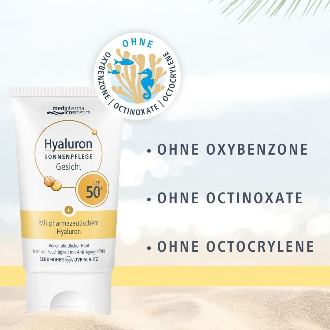 Tube HYALURON SONNENPFLEGE Gesicht Creme LSF 50+. Weiße Tube mit gelben und braunen Akzenten. Text: Ohne Oxybenzone, Octinoxate, Octocrylene.