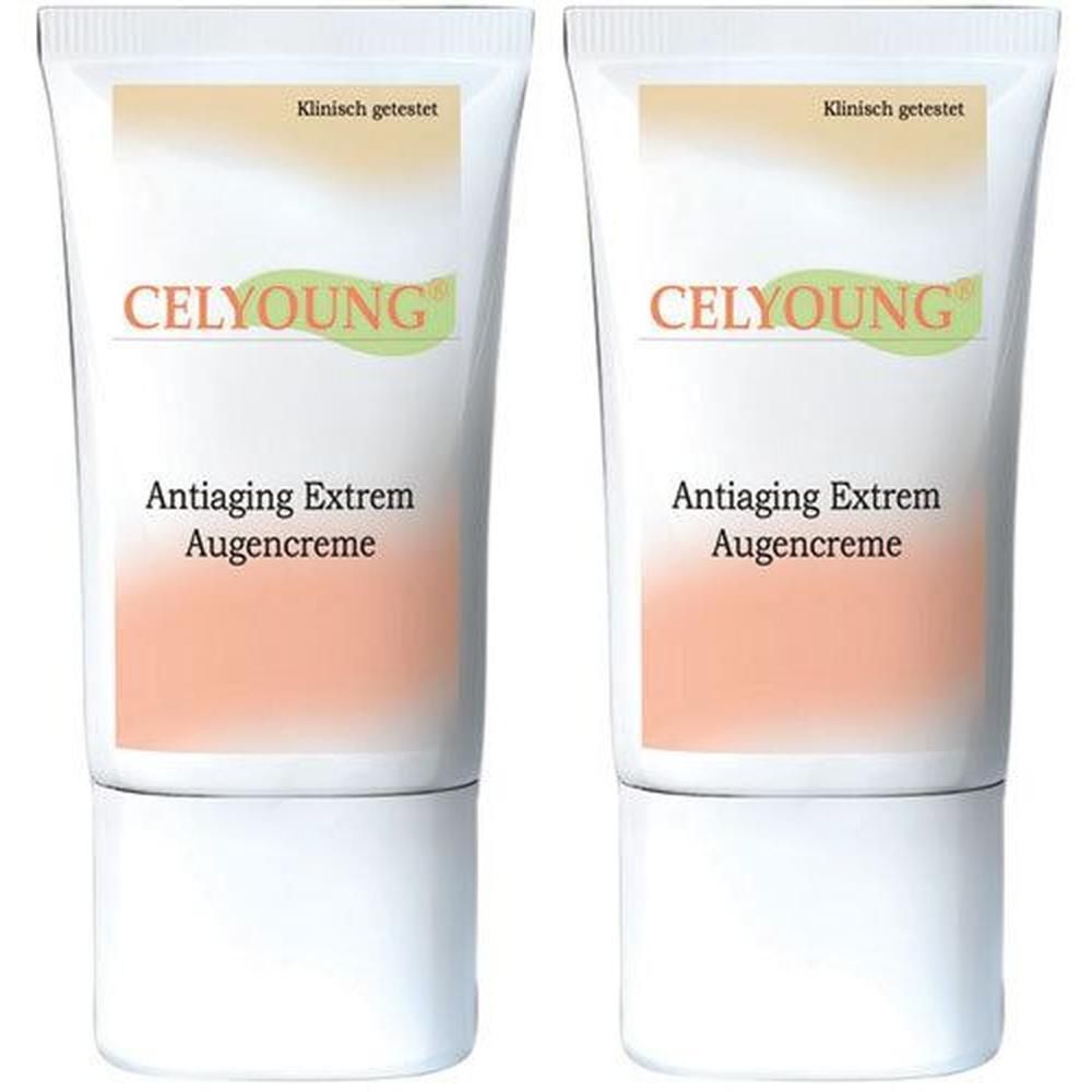 Zwei Tuben Augencreme. Aufschrift: CELYOUNG, Antiaging Extrem Augencreme. "Klinisch getestet" auf hellem Feld.