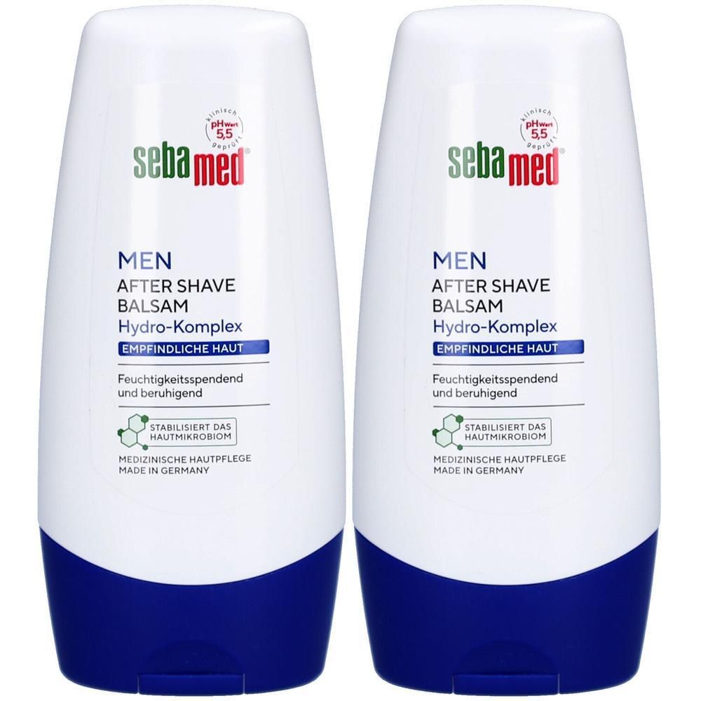 Zwei weiße Flaschen mit blauem Boden. Aufschrift: seba med, MEN After Shave Balsam, Hydro-Komplex, empfindliche Haut.