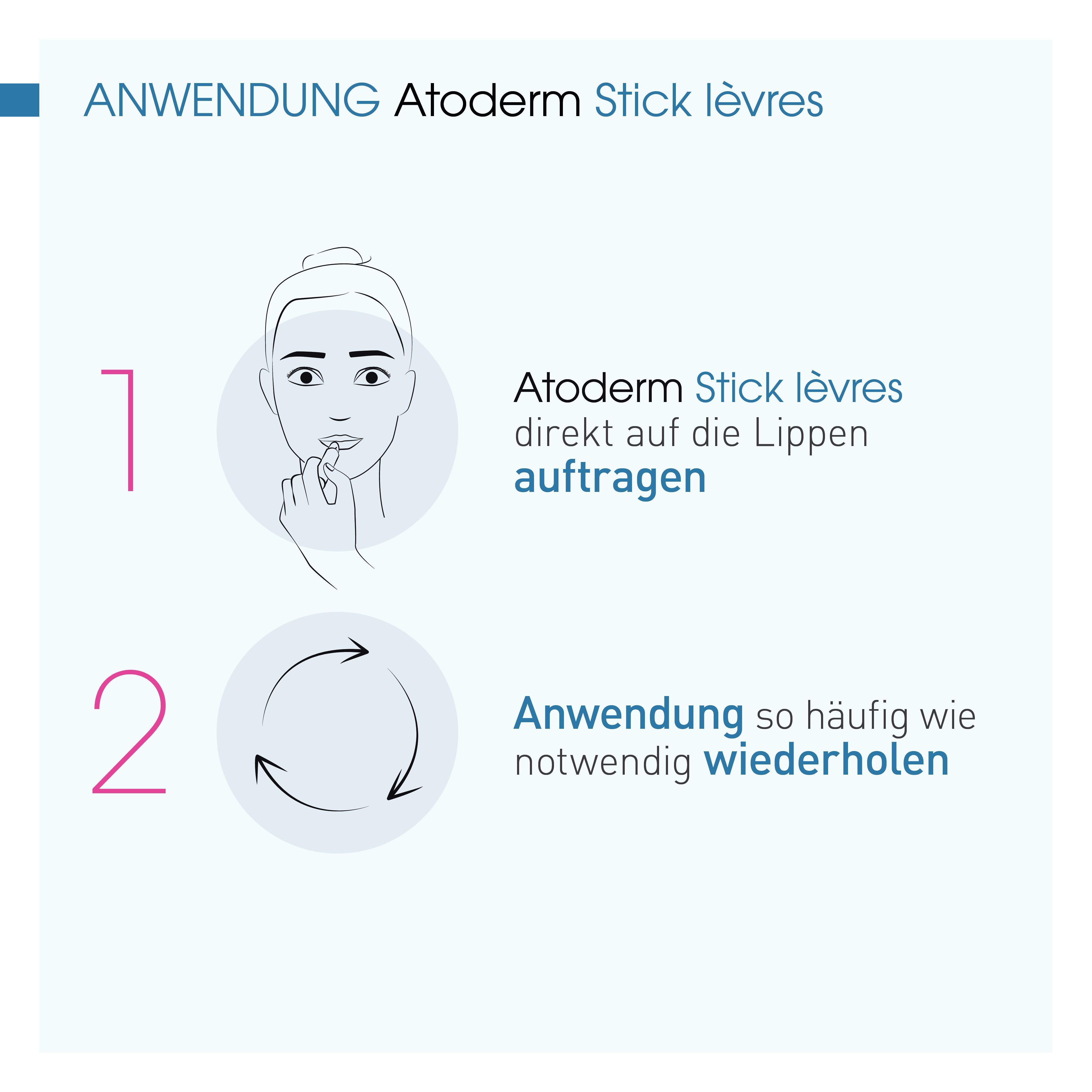 Anwendungshinweise für BIODERMA Atoderm Stick lèvres. Schritt 1: Auftragen auf die Lippen. Schritt 2: Wiederholen. Abbildung einer Person, die Lippenstift aufträgt.