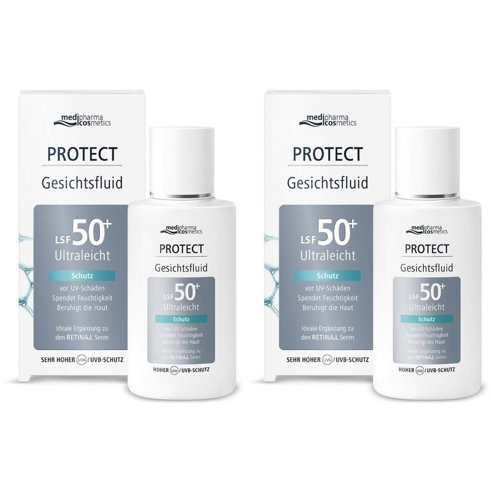 Zwei Flaschen Protect Gesichtsfluid LSF 50+ mit Verpackung. Weißes Fläschchen mit weißer Verpackung. Aufdruck: Protect, LSF 50+.