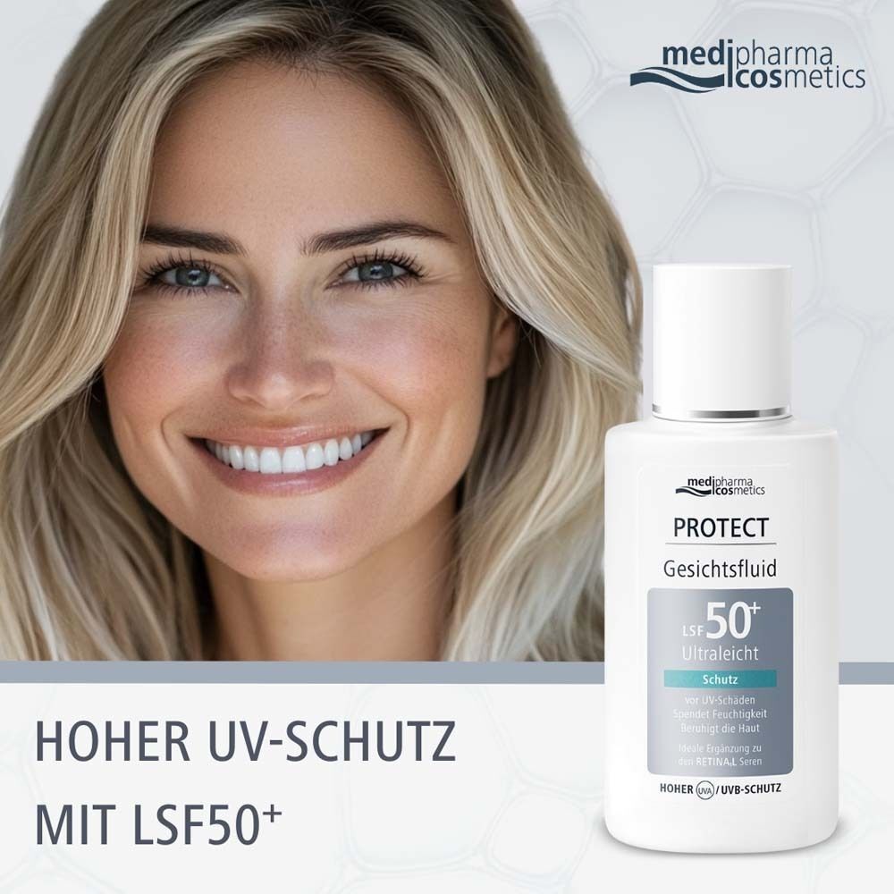 Frau lächelt. Daneben eine Flasche Protect Gesichtsfluid LSF 50+. Text: Hoher UV-Schutz mit LSF 50+.