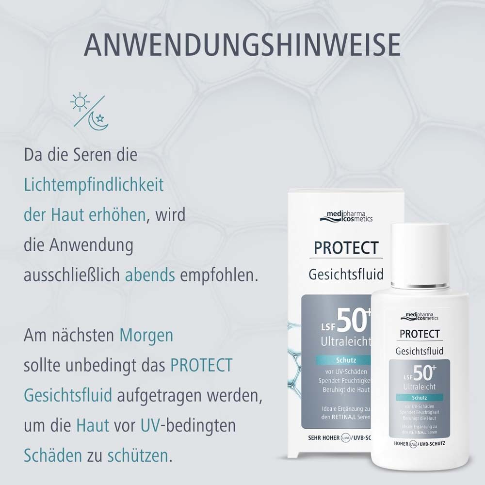 Flasche Protect Gesichtsfluid LSF 50+ mit Verpackung. Text: Anwendungshinweise. Anwendung abends empfohlen, morgens auftragen.