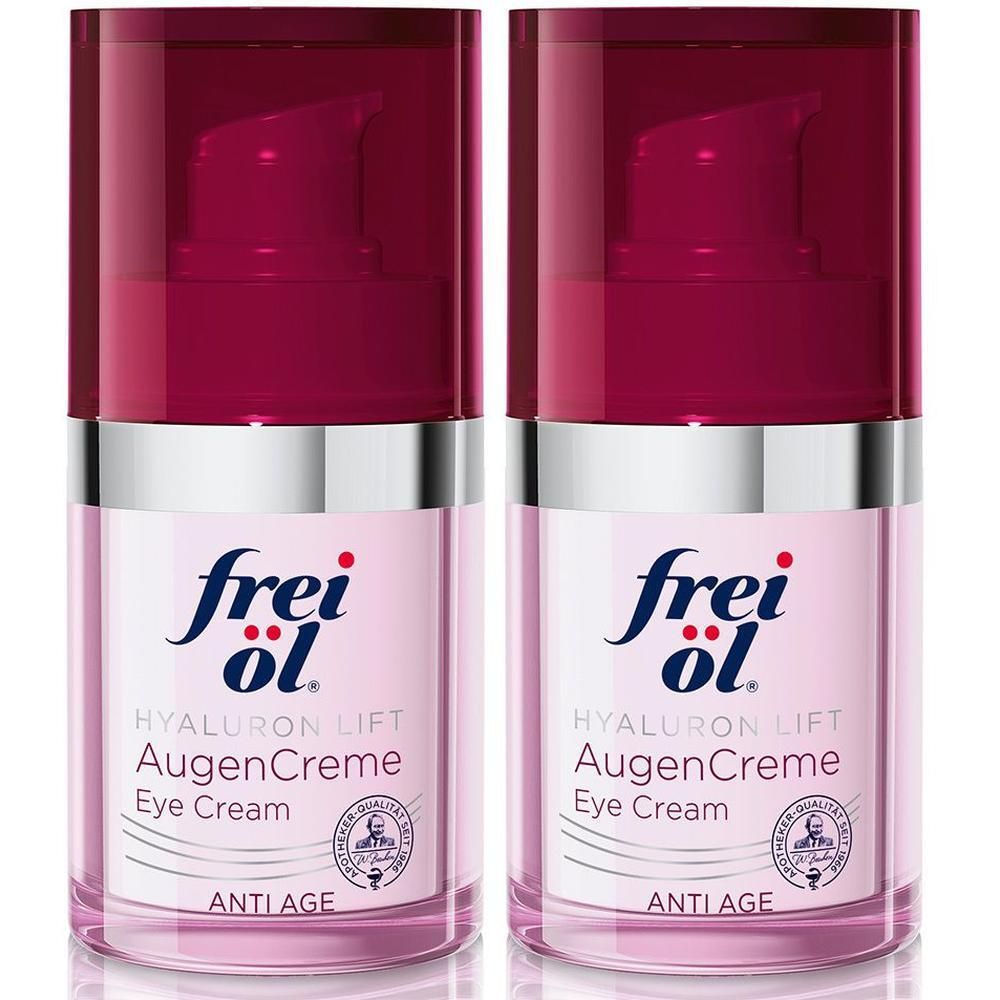 Zwei Flakons Augencreme mit Pumpverschluss. Rosafarbene Gläser mit silbernen Rändern. Aufschrift: frei öl, Hyaluron Lift AugenCreme, Eye Cream, Anti Age.